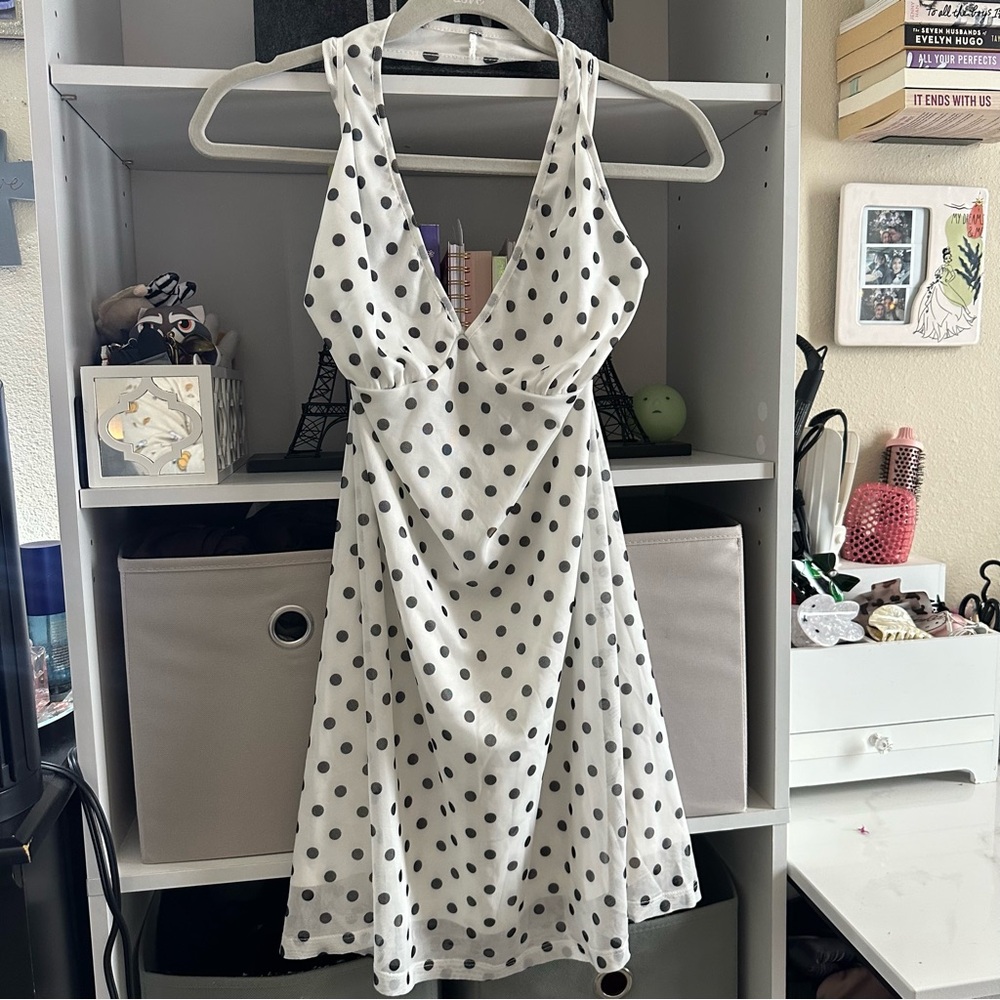 SHEIN White and Black Polka Dot Backless Dress